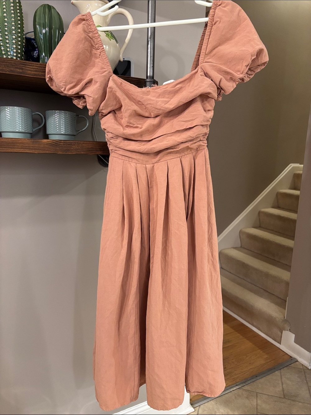 ASTR the Label Puff Sleeve Ruched Midi Dress Dusty Clay XS Romantic Cottagecore